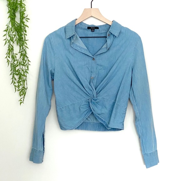 Tops - Denim Twist Front Long Sleeve Crop Top